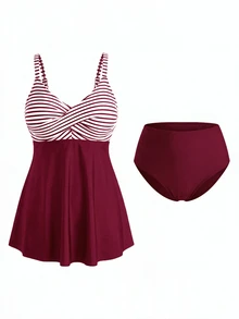 SHEIN Swim 大尺碼女款 2 件套 全身白色黑圖案細肩帶短版上衣 高腰比基尼泳褲泳裝 夏季海灘派對度假性感 - 酒紅色 - 查看 5
