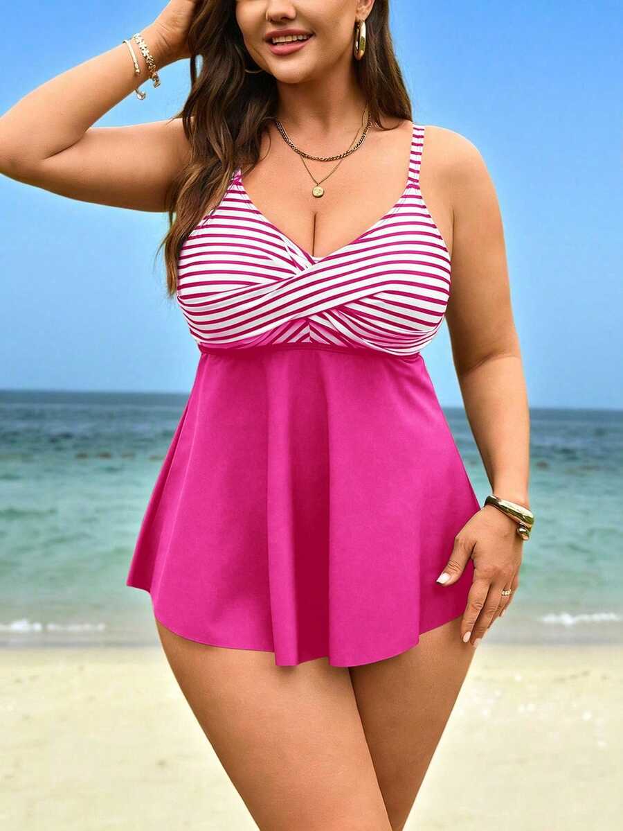 SHEIN Swim Curve Plus Size Women 2pcs Set Pink Print Camisole High Waist Bikini Bottoms, Summer Beach Vacation Flapper 1920s - Multicolor - View 1