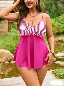 SHEIN Swim Curve Plus Size Women 2pcs Set Pink Print Camisole High Waist Bikini Bottoms, Summer Beach Vacation Flapper 1920s - Multicolor - View 3