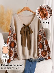 CosyJoli Plus Size Women Tie Neck Casual Daily Long Sleeve Sweater Winter, Fall/Winter, Thanksgiving, New Year - Multicolor - View 2