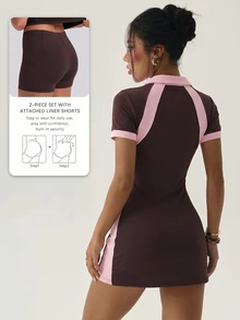 Dewbera Dewbera 2pcs Women's Summer Sports Dress, Fitted Contrast Color Polo Collar, Side Patchwork, Short Sleeve A-Line With Detachable Shorts And Pockets, Running - Multicolor - View 2