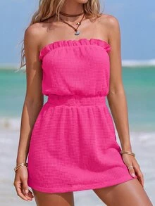 SHEIN Swim 女士夏季沙滩纯色荷叶边腰部纹理度假连衣裙 - 玫紅色 - 查看 5