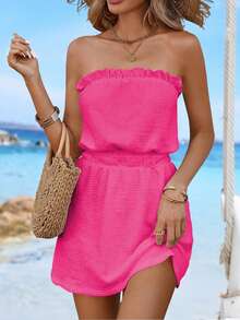 SHEIN Swim 女士夏季沙滩纯色荷叶边腰部纹理度假连衣裙 - 玫紅色 - 查看 8