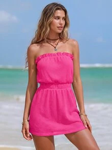 SHEIN Swim 女士夏季沙滩纯色荷叶边腰部纹理度假连衣裙 - 玫紅色 - 查看 1
