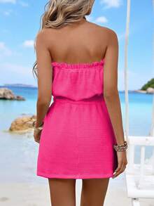 SHEIN Swim 女士夏季沙滩纯色荷叶边腰部纹理度假连衣裙 - 玫紅色 - 查看 2