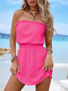 SHEIN Swim 女士夏季沙滩纯色荷叶边腰部纹理度假连衣裙 - 玫紅色 - 查看 6
