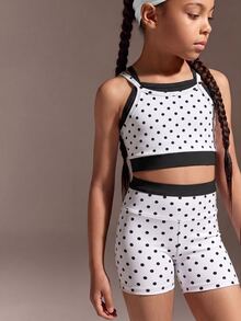 SHEIN Young Girls Sports Set, Brown With Blue Wave Element Print, 2 In 1 Design, Fashionable Style, Daily Wear, Sports Casual, Street Style Early Autumn New Arrival - White - View 2
