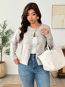 Linhara CURVE Plus Size Round Neck Long Sleeve Slimming Minimalist Commuter Knit Sweater - Light Grey - View 4