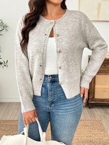 Linhara CURVE Plus Size Round Neck Long Sleeve Slimming Minimalist Commuter Knit Sweater - Light Grey - View 8