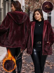 SHEIN Clasi Women's Plus Size Hooded Zip-Up Burgundy Elegant Gothic Jacket Christmas Cocktail Evening Formal Fall Winter - Burgundy - View 4
