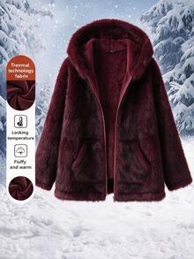 SHEIN Clasi Women's Plus Size Hooded Zip-Up Burgundy Elegant Gothic Jacket Christmas Cocktail Evening Formal Fall Winter - Burgundy - View 3