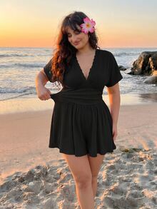 SHEIN MOD Plus Size Women's V-Neck Lace-Trimmed Black Tank Jumpsuit , Suitable For Vacations Or Everyday Outings.Fall/Summer - Black - View 6