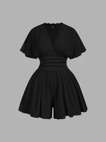 SHEIN MOD Plus Size Women's V-Neck Lace-Trimmed Black Tank Jumpsuit , Suitable For Vacations Or Everyday Outings.Fall/Summer - Black - View 2