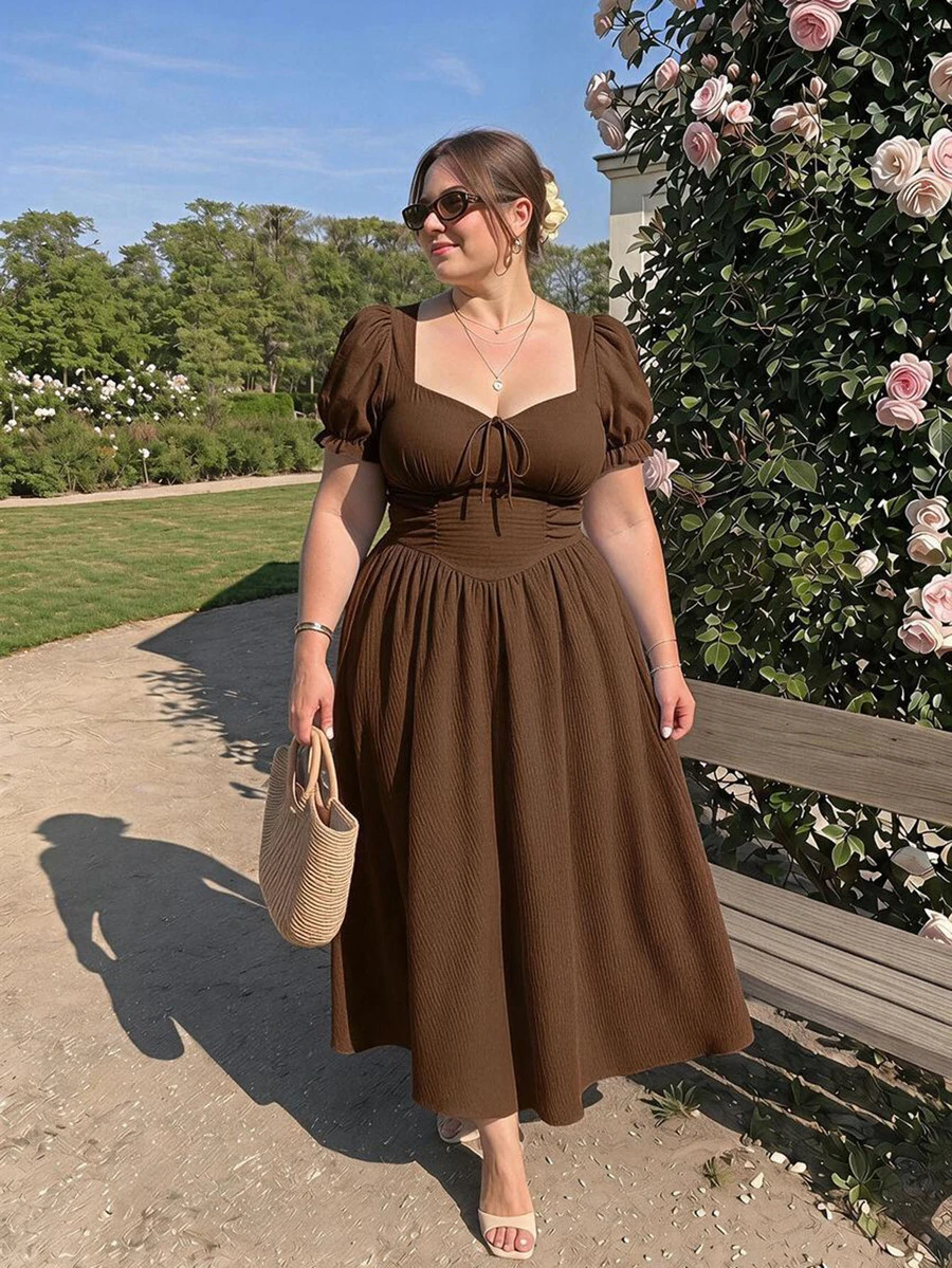 SHEIN MOD Plus Size Women's Elegant Short Sleeve Midi Dress With Twisted Heart Neckline - Brown - View 1