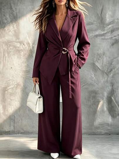 Elenzga Conjunto de Blazer y Pantalones de Talla Grande con Cintura Fruncida Elegante, Chaqueta de Ajuste Ceñido con Hebilla de Metal Asimétrica y Lazo, Pantalones de Cintura Alta, Color Ciruela para Cena de Otoño y Oficina