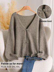 CosyJoli Plus Size Drop Shoulder Oversize 1920 Vintage Elegant Casual Frog Button Cardigan Morning Evening Formal Grey, Fall/Winter, Thanksgiving, New Year - Khaki - View 2