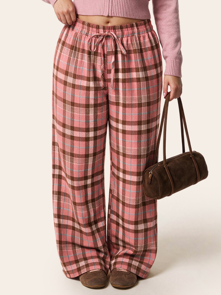 Comfortcana Plus Size Back To School Pink Plaid Woven Long Pants - Pink - View 4