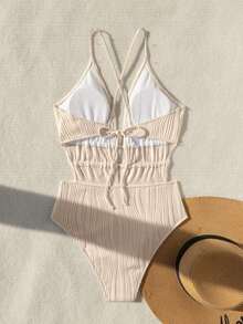 SHEIN Swim 夏季海滩女士纯色露背时尚游泳沙滩装连体泳衣白色泳衣 - 杏色 - 查看 5