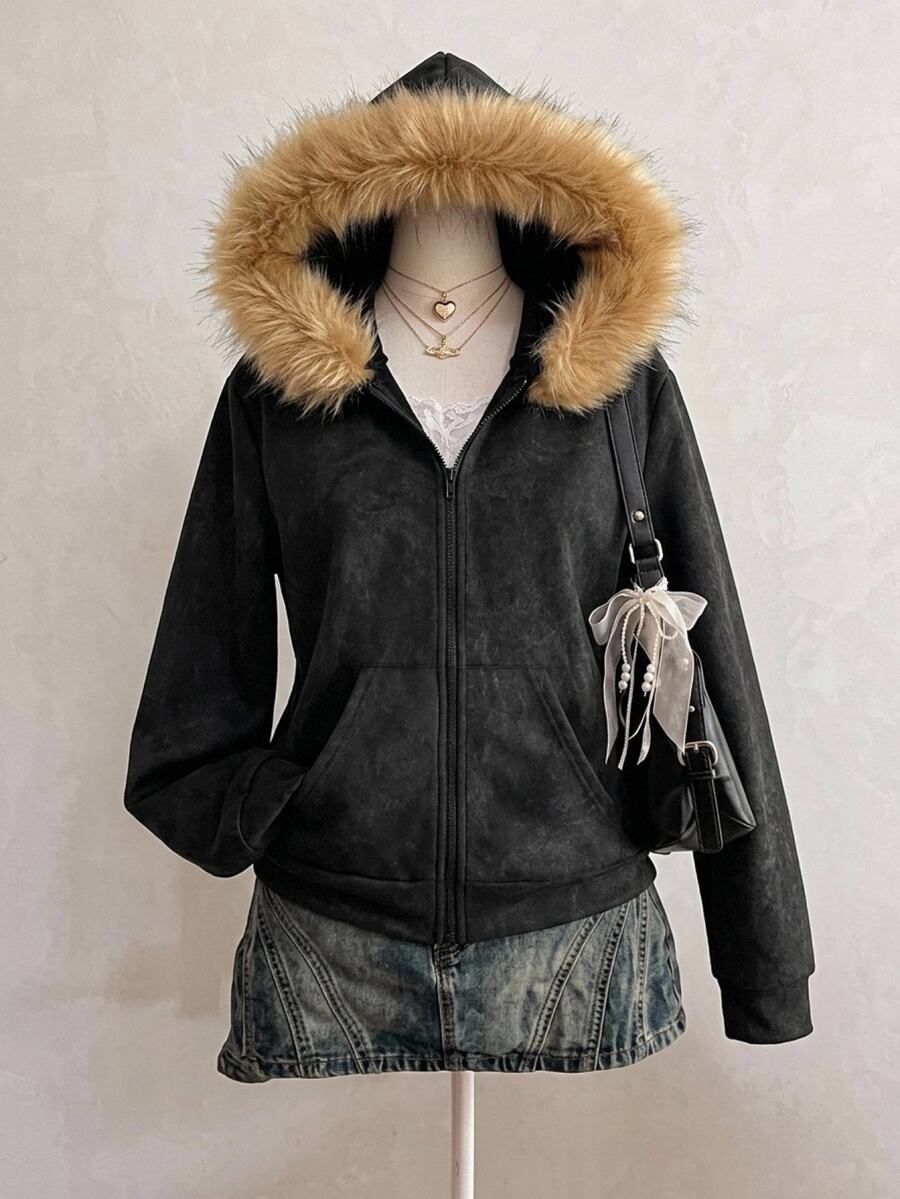 SHEIN كنزة رياضية بقلنسوة وسحاب للأطفال الفتيات المراهقات، كاجوال للخريف/الشتاء، مع جيب وتفاصيل من الفرو الصناعي - الأسود - مشاهدة 1
