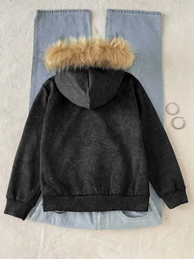 SHEIN كنزة رياضية بقلنسوة وسحاب للأطفال الفتيات المراهقات، كاجوال للخريف/الشتاء، مع جيب وتفاصيل من الفرو الصناعي - الأسود - مشاهدة 2