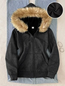 SHEIN كنزة رياضية بقلنسوة وسحاب للأطفال الفتيات المراهقات، كاجوال للخريف/الشتاء، مع جيب وتفاصيل من الفرو الصناعي - الأسود - مشاهدة 5