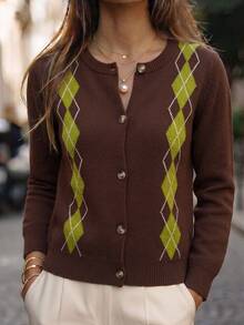 SHEIN Women's Cardigan Sweater Slim Fit Knit V Neck Button Up Ribbed Trim Commute Brown Green Argyle Fall Clothes For Women Autumn Outfit Thanksgiving - Multicolor - View 4