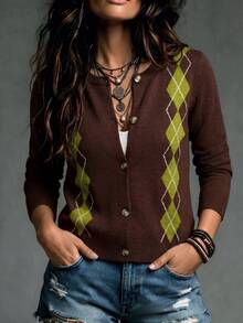 SHEIN Women's Cardigan Sweater Slim Fit Knit V Neck Button Up Ribbed Trim Commute Brown Green Argyle Fall Clothes For Women Autumn Outfit Thanksgiving - Multicolor - View 1