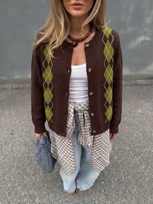 SHEIN Women's Cardigan Sweater Slim Fit Knit V Neck Button Up Ribbed Trim Commute Brown Green Argyle Fall Clothes For Women Autumn Outfit Thanksgiving - Multicolor - View 6