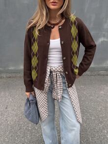 SHEIN Women's Cardigan Sweater Slim Fit Knit V Neck Button Up Ribbed Trim Commute Brown Green Argyle Fall Clothes For Women Autumn Outfit Thanksgiving - Multicolor - View 5
