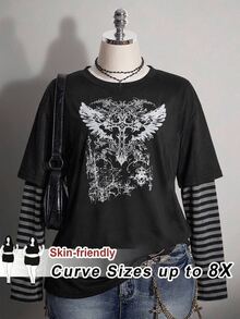 SHEIN CURVE+ 大尺碼秋季休閒條紋拼接翅膀印花 2 合 1 T恤萬聖節 - 黑與白 - 查看 2