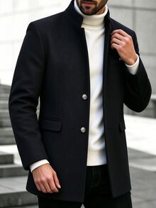 Manfinity Mode 男士黑色立領修身時尚素色極簡正式通勤大衣，老錢風 - 黑色 - 查看 5