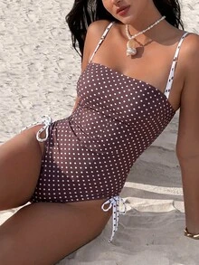 Swim Vcay 女款波點印花連身泳衣，適合度假、海灘、度假派對，棕色波點，夏季老錢風歐洲熱帶保守復古風 - 棕色 - 查看 4