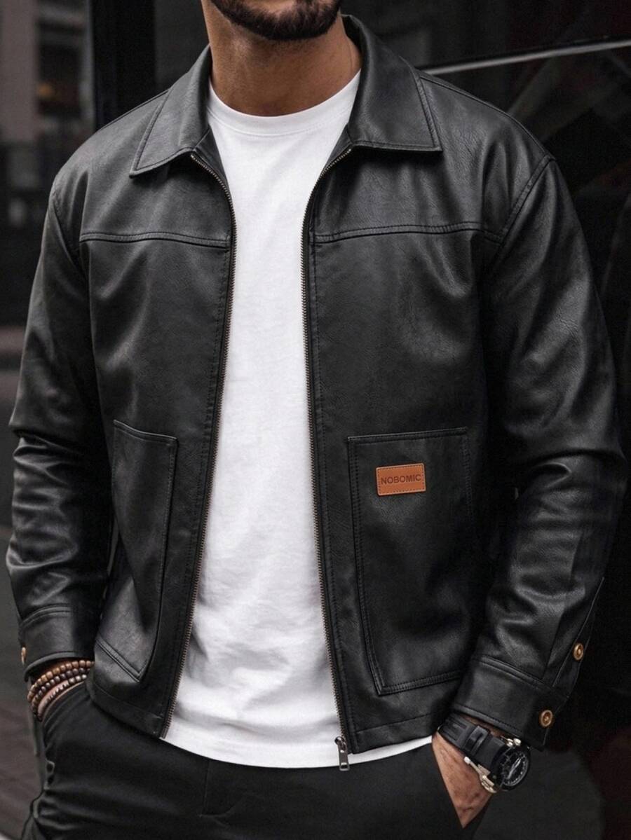 Manfinity RebelGame Men's Casual Woven PU Leather Lapel Jacket Suitable For Daily Wear Halloween Winter Party Autumn - Black - View 1