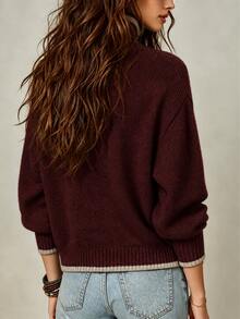 LUMIGAL Women's Colorblock Drop Shoulder Long Sleeve Single-Breasted Casual Knit Cardigan - Burgundy - View 2