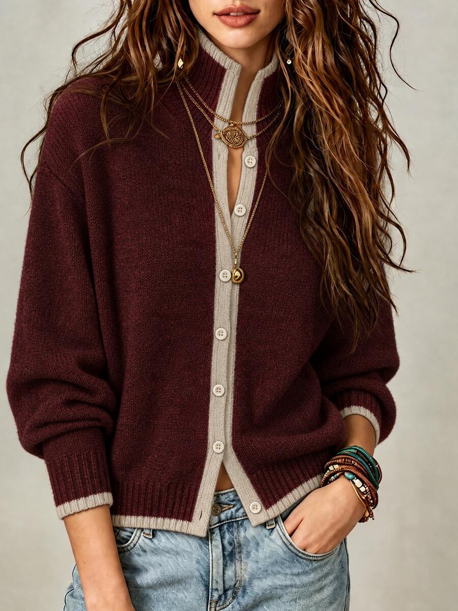 LUMIGAL Women's Colorblock Drop Shoulder Long Sleeve Single-Breasted Casual Knit Cardigan - Burgundy - View 1