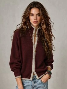 LUMIGAL Women's Colorblock Drop Shoulder Long Sleeve Single-Breasted Casual Knit Cardigan - Burgundy - View 3