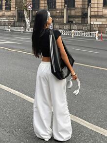 Coolane 女款秋冬街頭風休閒運動基本日常穿著復古圖案白色寬鬆低腰寬腿運動長褲 - 白色 - 查看 6