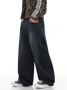 QuarKem 1件韓系街頭品牌後口袋刺繡男士黑色牛仔褲，寬鬆舒適寬腿長褲，四季百搭 - 黑色 - 查看 6