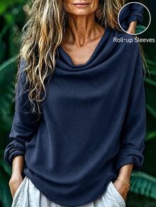 SHEIN Women's Fall Middle-Aged Blouse Cowl Neck Long Sleeve Woven Fabric Daily Wear Casual Boho Elegant Fashionable Loose Top Travel Navy Blue Brunch - Navy Blue - View 5