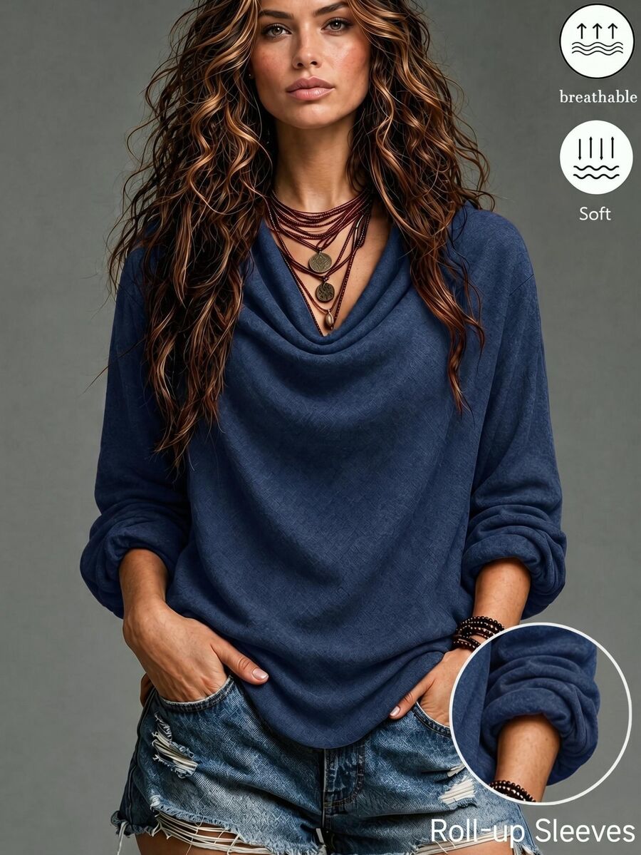 SHEIN Women's Fall Middle-Aged Blouse Cowl Neck Long Sleeve Woven Fabric Daily Wear Casual Boho Elegant Fashionable Loose Top Travel Navy Blue Brunch - Navy Blue - View 1