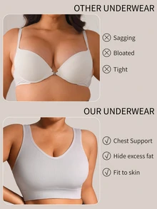 Barelissa 1pc Plus Size Seamless Ribbed V-Neck Sports Bra, Wireless Push-Up Backless Tank Top Style - Light Grey - View 7