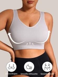 Barelissa 1pc Plus Size Seamless Ribbed V-Neck Sports Bra, Wireless Push-Up Backless Tank Top Style - Light Grey - View 4