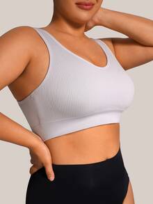 Barelissa 1pc Plus Size Seamless Ribbed V-Neck Sports Bra, Wireless Push-Up Backless Tank Top Style - Light Grey - View 5