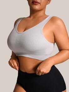 Barelissa 1pc Plus Size Seamless Ribbed V-Neck Sports Bra, Wireless Push-Up Backless Tank Top Style - Light Grey - View 2