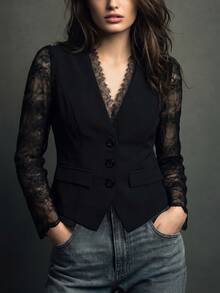 Linhara CURVE Plus Size Women's Autumn French Elegant Daily Commute Design Lace Patchwork V-Neck Long Sleeve Faux Pocket Decor Slim Fit Black Lightweight Blazer - Black - View 5