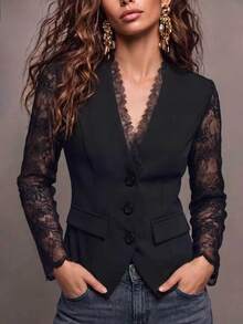 Linhara CURVE Plus Size Women's Autumn French Elegant Daily Commute Design Lace Patchwork V-Neck Long Sleeve Faux Pocket Decor Slim Fit Black Lightweight Blazer - Black - View 4