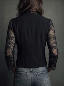 Linhara CURVE Plus Size Women's Autumn French Elegant Daily Commute Design Lace Patchwork V-Neck Long Sleeve Faux Pocket Decor Slim Fit Black Lightweight Blazer - Black - View 2