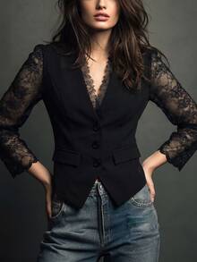Linhara CURVE Plus Size Women's Autumn French Elegant Daily Commute Design Lace Patchwork V-Neck Long Sleeve Faux Pocket Decor Slim Fit Black Lightweight Blazer - Black - View 7