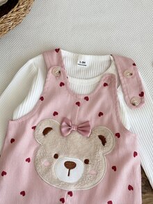 SHEIN 新生兒春秋款肩開口圓領長袖簡約百搭休閒白色上衣，附可愛熊刺繡時尚愛心印花連身衣套裝，適合涼爽天氣外出、旅行、度假、公園遊玩與散步 - 淺粉色 - 查看 6