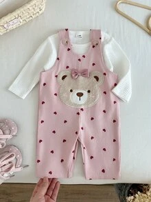 SHEIN 新生兒春秋款肩開口圓領長袖簡約百搭休閒白色上衣，附可愛熊刺繡時尚愛心印花連身衣套裝，適合涼爽天氣外出、旅行、度假、公園遊玩與散步 - 淺粉色 - 查看 9